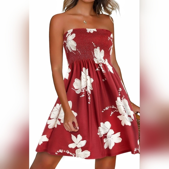 Women's Summer Dress Casual Beachwear Sundress Strapless Coverup Boho Red Floral - Picture 1 of 12